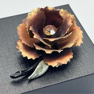 VTG 1960's 3D Metal Flower Copper Topaz Crystal Brooch Pin Costume Jewelry 2.25"